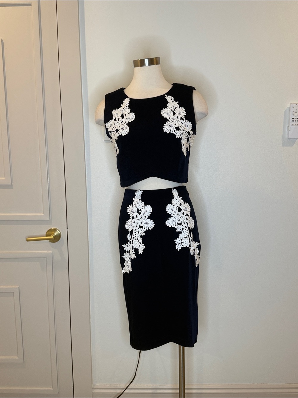 Missguided Black Two-Piece Crop Top & Pencil Skirt Set with White Lace Appliqué